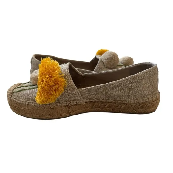 Tory Burch Linen Lily Platform Espadrille, Embroidered Pom Pom, Size 8