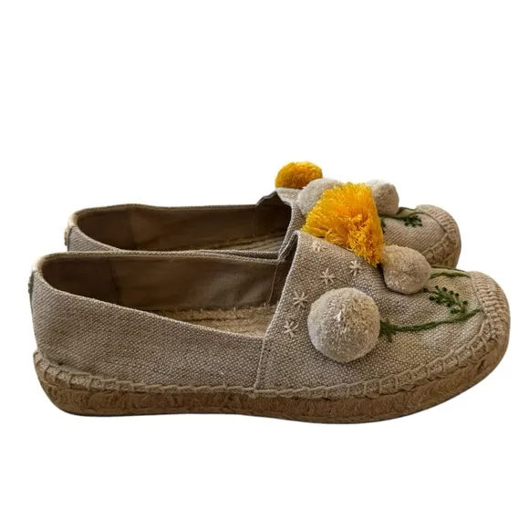Tory Burch Linen Lily Platform Espadrille, Embroidered Pom Pom, Size 8
