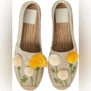 Tory Burch Linen Lily Platform Espadrille, Embroidered Pom Pom, Size 8