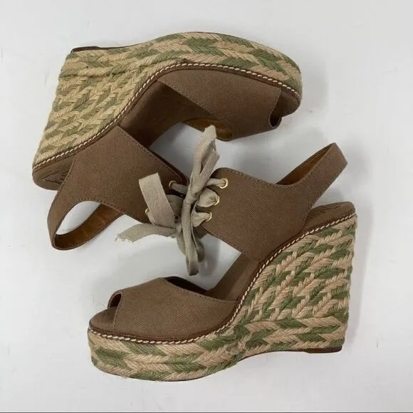 Tory Burch Linley Espadrille Wedges Platform Heels Women's 7 Olive Brown Lace Up