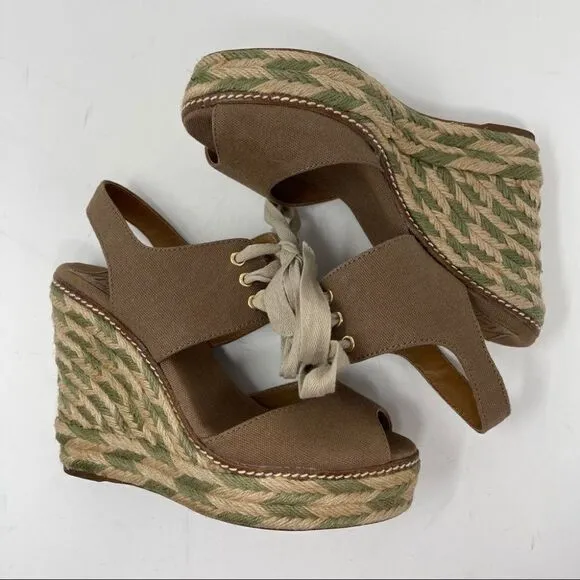 Tory Burch Linley Espadrille Wedges Platform Heels Women's 7 Olive Brown Lace Up