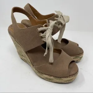 Tory Burch Linley Espadrille Wedges Platform Heels Women's 7 Olive Brown Lace Up