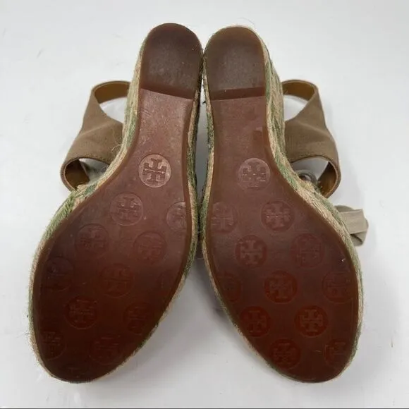 Tory Burch Linley Espadrille Wedges Platform Heels Women's 7 Olive Brown Lace Up