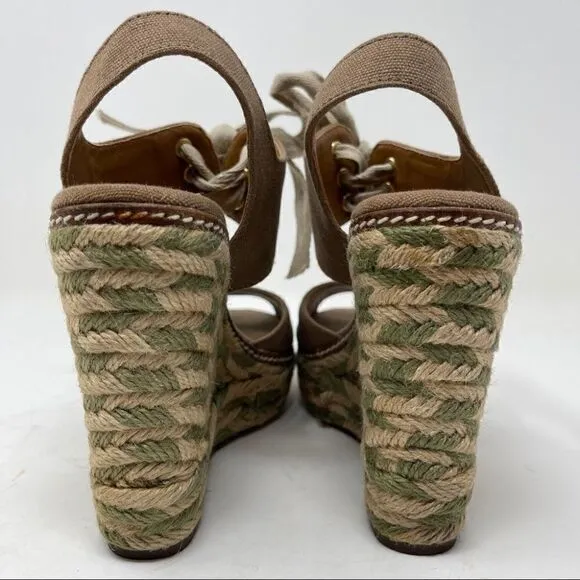 Tory Burch Linley Espadrille Wedges Platform Heels Women's 7 Olive Brown Lace Up