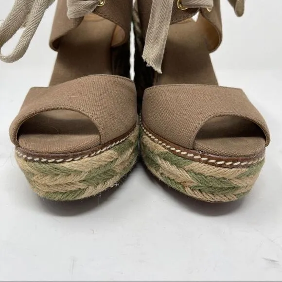 Tory Burch Linley Espadrille Wedges Platform Heels Women's 7 Olive Brown Lace Up