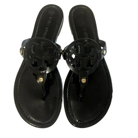 Tory Burch Miller Black Patent Leather Flat Thong Slide Summer Sandals Size 12