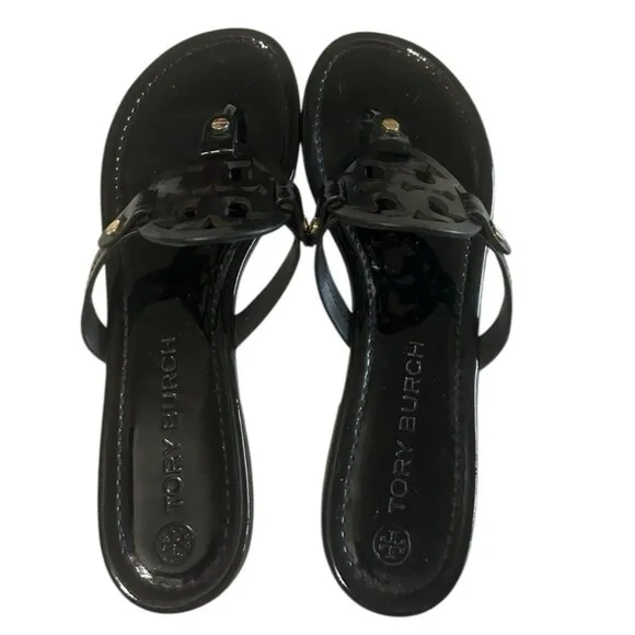 Tory Burch Miller Black Patent Leather Flat Thong Slide Summer Sandals Size 12