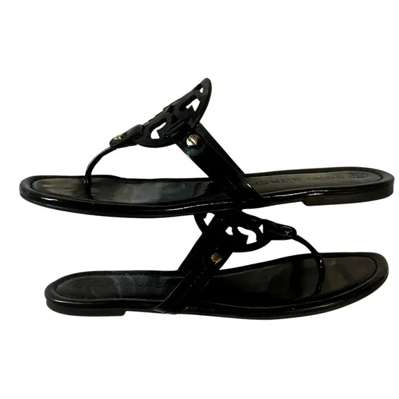 Tory Burch Miller Black Patent Leather Flat Thong Slide Summer Sandals Size 12