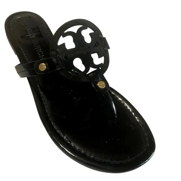 Tory Burch Miller Black Patent Leather Flat Thong Slide Summer Sandals Size 12