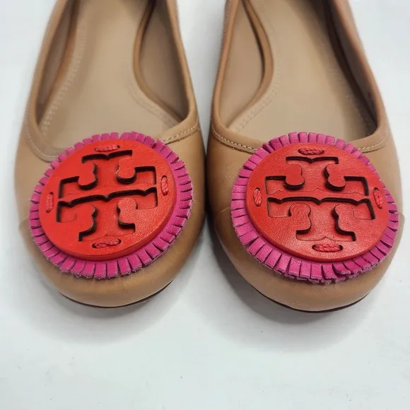 Tory Burch Miller Fringe Ballet Flats  Tan Pink Orange Size 7.5