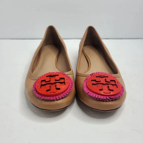 Tory Burch Miller Fringe Ballet Flats  Tan Pink Orange Size 7.5