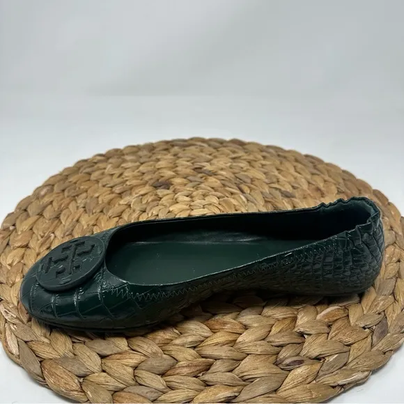 Tory Burch Minnie Croc Embossed Green Verde Ballet Flats Size 7 Women's