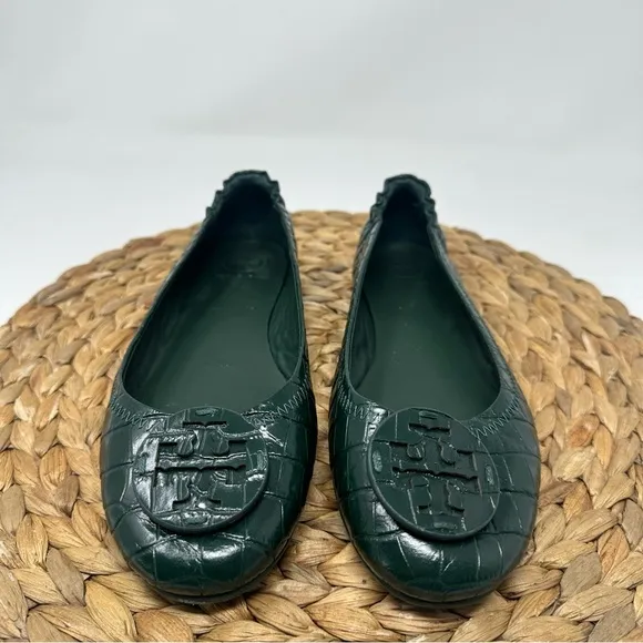 Tory Burch Minnie Croc Embossed Green Verde Ballet Flats Size 7 Women's