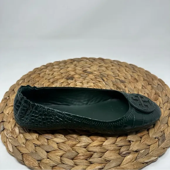 Tory Burch Minnie Croc Embossed Green Verde Ballet Flats Size 7 Women's