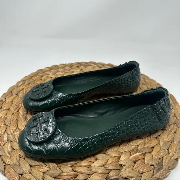 Tory Burch Minnie Croc Embossed Green Verde Ballet Flats Size 7 Women's