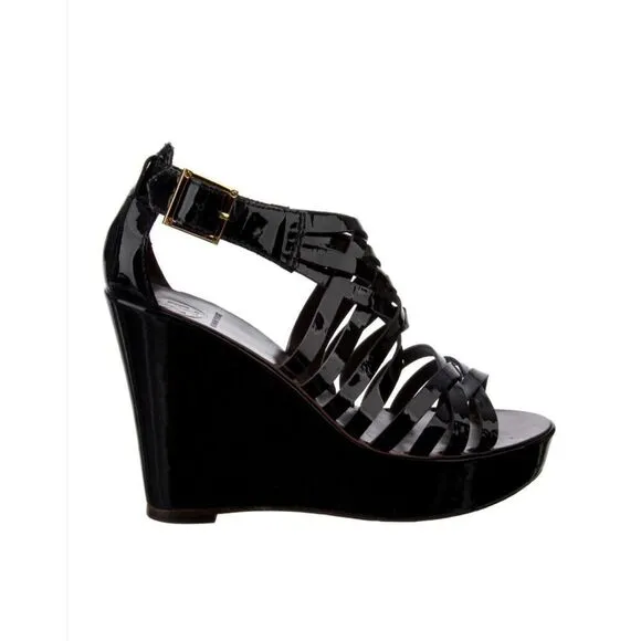 Tory Burch Paten Leather Strappy Wedge Sandals size 7.5 Black Annamarte