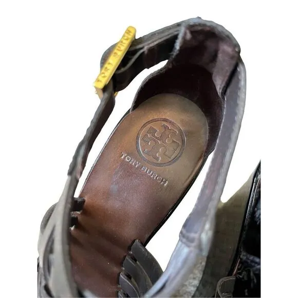 Tory Burch Paten Leather Strappy Wedge Sandals size 7.5 Black Annamarte