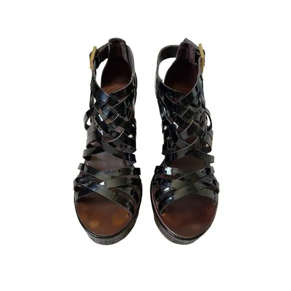Tory Burch Paten Leather Strappy Wedge Sandals size 7.5 Black Annamarte