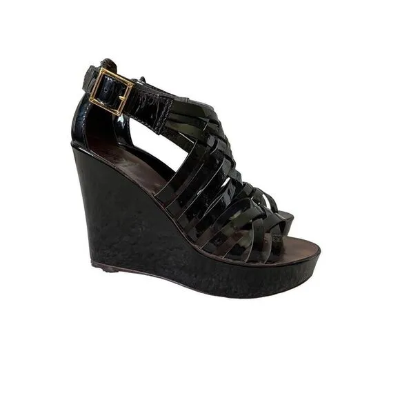 Tory Burch Paten Leather Strappy Wedge Sandals size 7.5 Black Annamarte