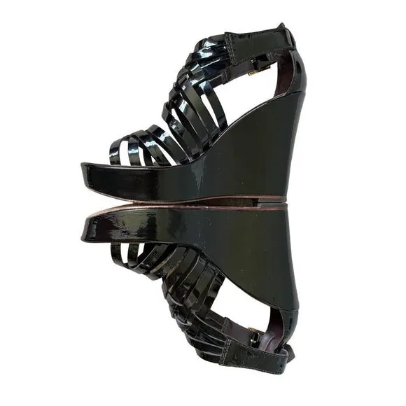Tory Burch Paten Leather Strappy Wedge Sandals size 7.5 Black Annamarte