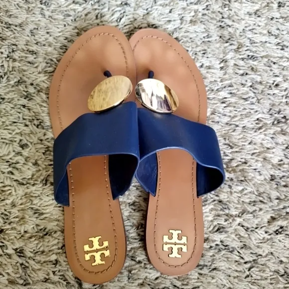 Tory Burch Patos Disk Flat leather Thongs slide Sandals sz 9,5