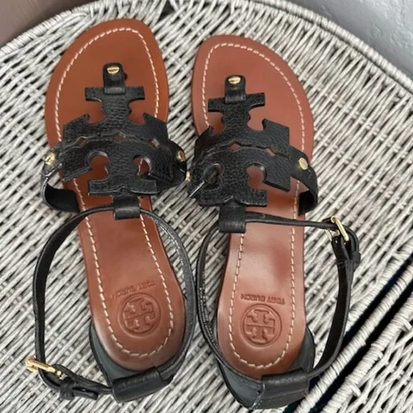 Tory Burch Phoebe Flat Thong Sandals Black Leather Miller Logo