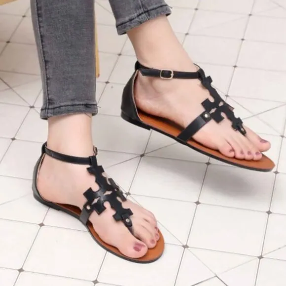 Tory Burch Phoebe Flat Thong Sandals Black Leather Miller Logo