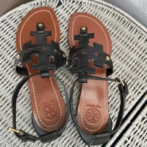 Tory Burch Phoebe Flat Thong Sandals Black Leather Miller Logo