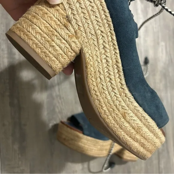 Tory Burch Positano Lace Up Platform  Navy Blue Wedge Espadrilles