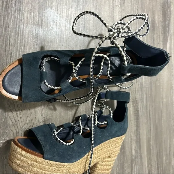 Tory Burch Positano Lace Up Platform  Navy Blue Wedge Espadrilles