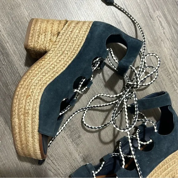 Tory Burch Positano Lace Up Platform  Navy Blue Wedge Espadrilles
