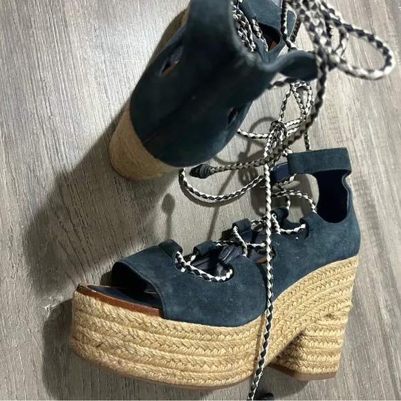 Tory Burch Positano Lace Up Platform  Navy Blue Wedge Espadrilles