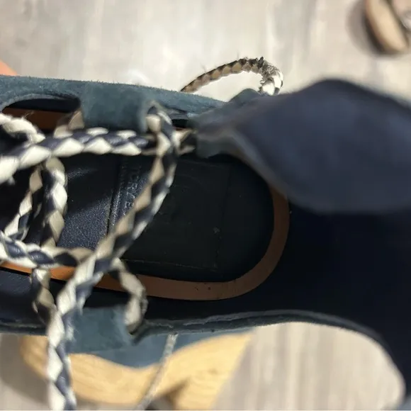 Tory Burch Positano Lace Up Platform  Navy Blue Wedge Espadrilles