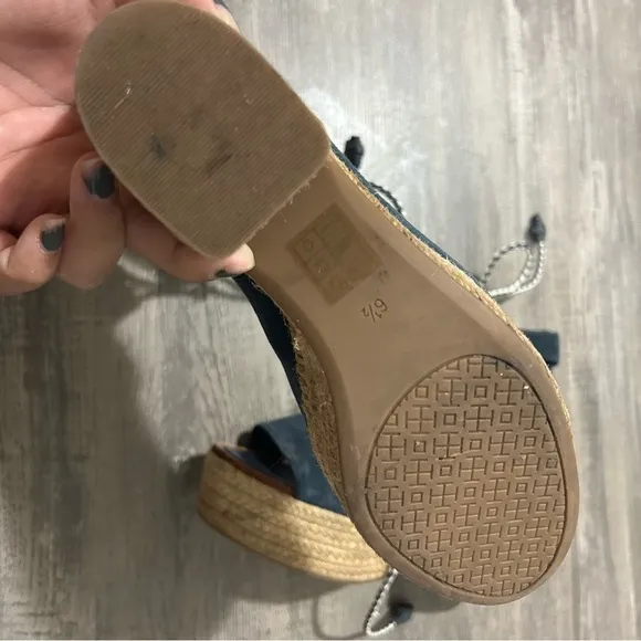 Tory Burch Positano Lace Up Platform  Navy Blue Wedge Espadrilles