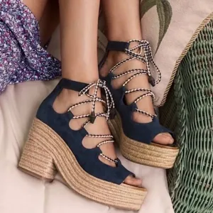 Tory Burch Positano Lace Up Platform  Navy Blue Wedge Espadrilles