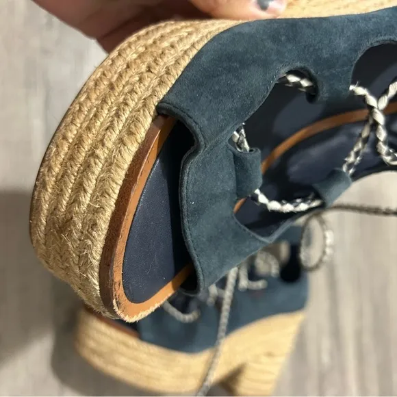 Tory Burch Positano Lace Up Platform  Navy Blue Wedge Espadrilles
