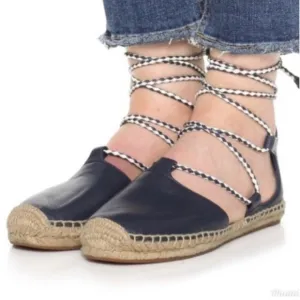Tory Burch Positano Navy Leather Lace Up Espadrilles 8