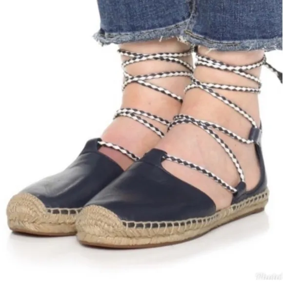 Tory Burch Positano Navy Leather Lace Up Espadrilles 8