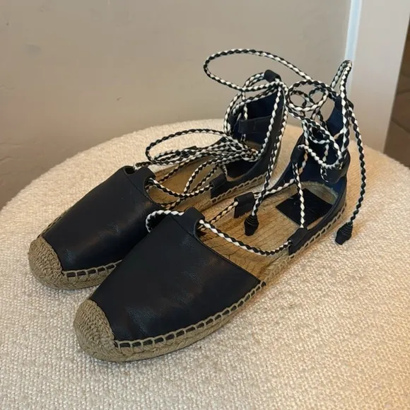 Tory Burch Positano Navy Leather Lace Up Espadrilles 8