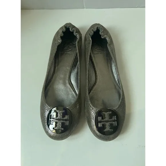 Tory Burch REVA Leather Ballerina Ballet Flat Shoes Metallic Silver Women's 8M