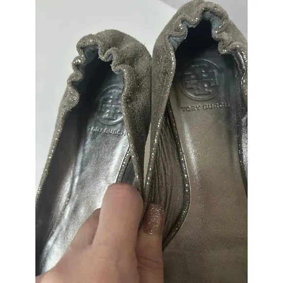 Tory Burch REVA Leather Ballerina Ballet Flat Shoes Metallic Silver Women's 8M