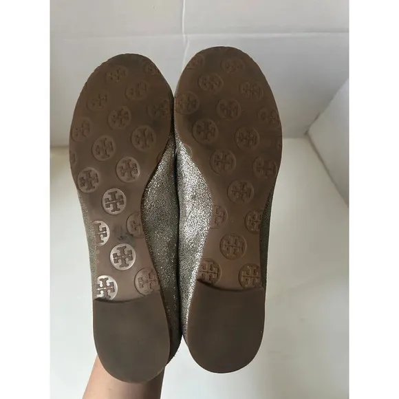 Tory Burch REVA Leather Ballerina Ballet Flat Shoes Metallic Silver Women's 8M
