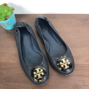 Tory Burch Reva Navy Blue Tortoise Shell Logo Ballet Flats