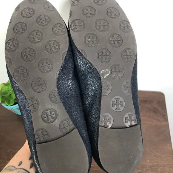 Tory Burch Reva Navy Blue Tortoise Shell Logo Ballet Flats