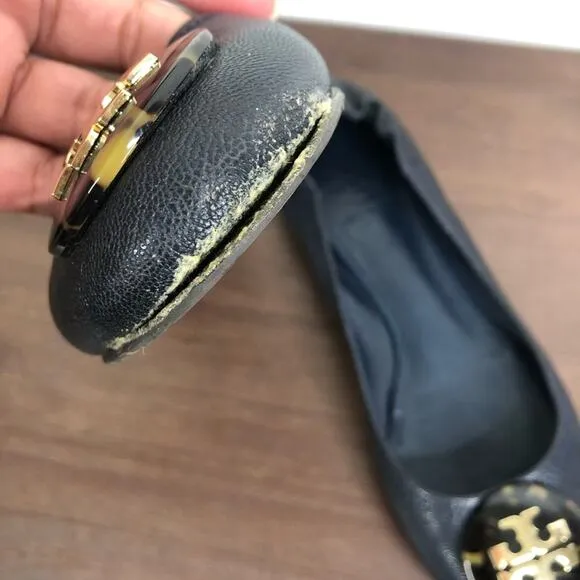 Tory Burch Reva Navy Blue Tortoise Shell Logo Ballet Flats