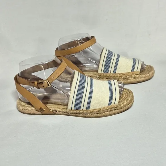 Tory Burch Tan And Blue Flat Espadrilles Sandals Asjustable Buckle 6.5