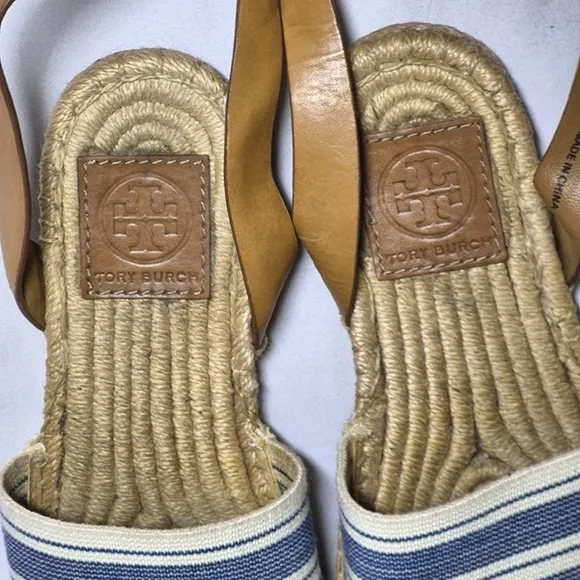 Tory Burch Tan And Blue Flat Espadrilles Sandals Asjustable Buckle 6.5