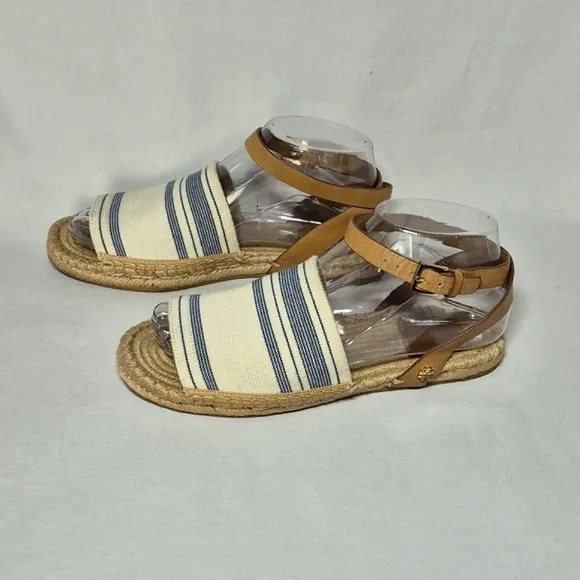 Tory Burch Tan And Blue Flat Espadrilles Sandals Asjustable Buckle 6.5