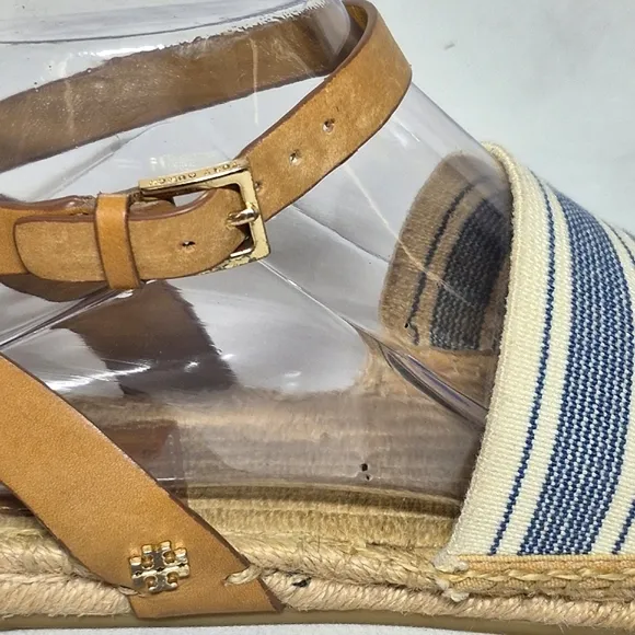 Tory Burch Tan And Blue Flat Espadrilles Sandals Asjustable Buckle 6.5
