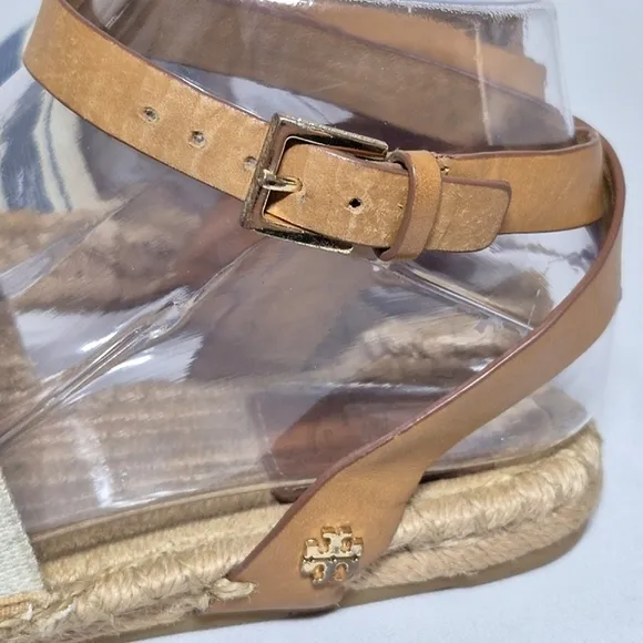 Tory Burch Tan And Blue Flat Espadrilles Sandals Asjustable Buckle 6.5